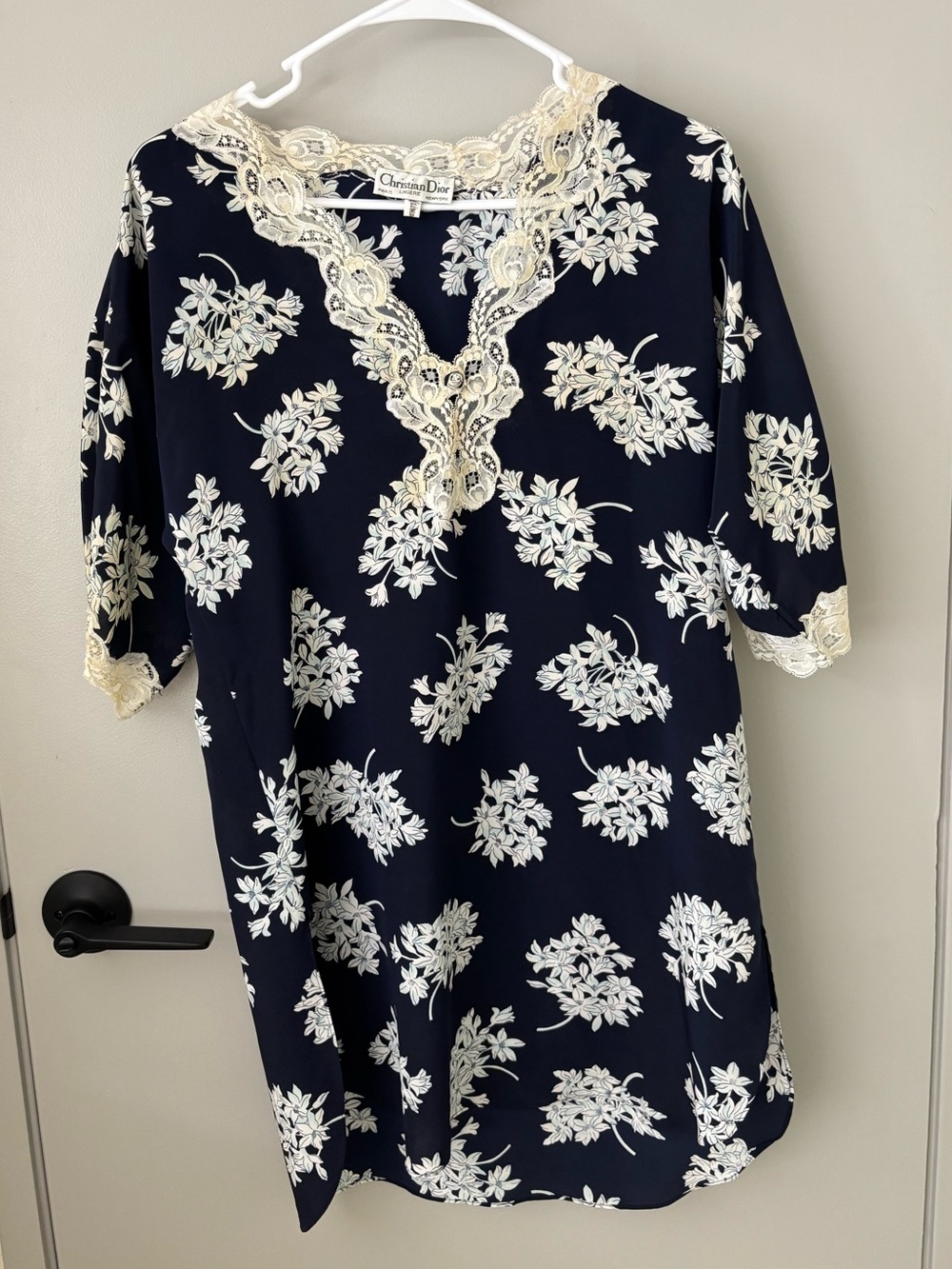 Vintage Christian Dior Lingerie Navy Floral Lace Trim Robe